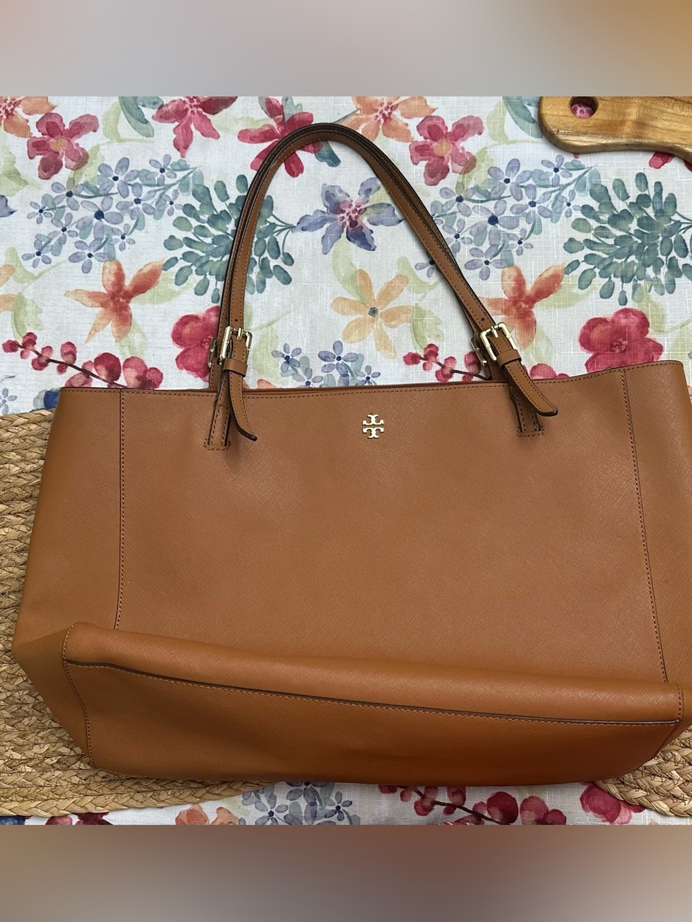 Tory Burch Cognac Leather Tote with Gold Logo